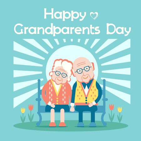 Happy Grandparents Day.Vector holiday card with couple of old people sit outdoorのイラスト素材