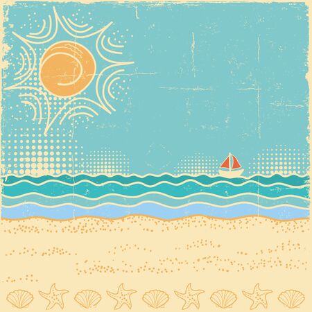 Beach scene.Vintage sea landscape with waves and sun sky in summer dayのイラスト素材