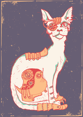 Cat with mechanical parts of body. Hand color drawn animal cat with mechanical body on old vintage paper posterのイラスト素材