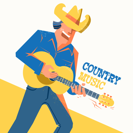 Musician in American cowboy hat palying the guitar and singing .Vector music posterのイラスト素材
