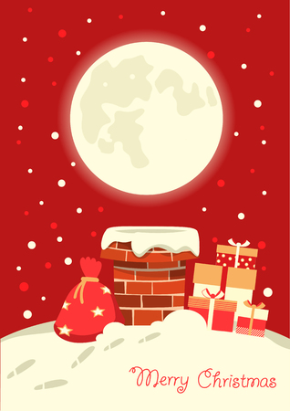 Santa Claus in the chimney in the Christmas winter night. Merry christmas card illustrationのイラスト素材