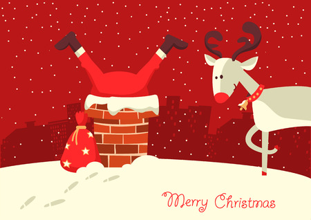 Merry Christmas card. Santa Claus stuck in the chimney in the Christmas night.のイラスト素材