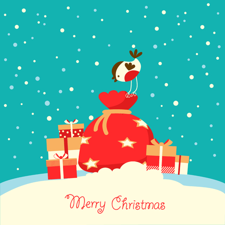 Merry Christmas card with holiday presents on snow background in winter day.のイラスト素材