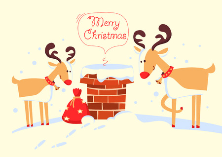 Santa Claus in the chimney and deers in the Christmas night. Merry christmas comic card with deersのイラスト素材