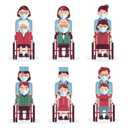 Disabled people in mask sitting in wheelchairs. Medical workers in uniform. Vector medical icons people in masks for designのイラスト素材