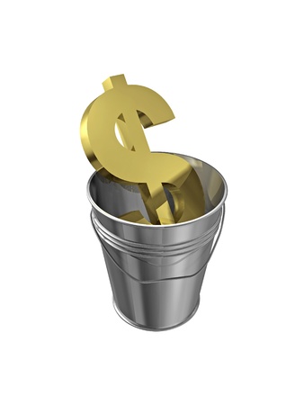 The dollar sign in metal bucket isolated on whiteの写真素材