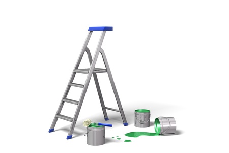 Ladder and paint cans on whiteの写真素材