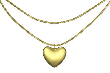 Golden pendant heart on the chain isolated on whiteの写真素材