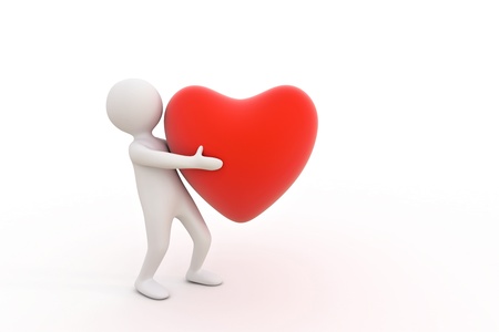 3d small person holding a red heartの写真素材