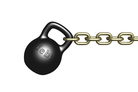 Black dumbbell weights with a gold chain isolated on white backgroundの写真素材