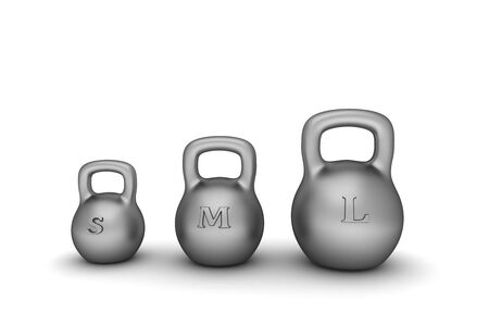 Three dumbbell weights of different sizes on a white backgroundの写真素材