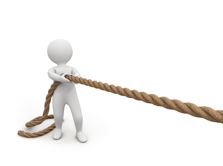 3d small person pulls a rope, on white backgroundの写真素材