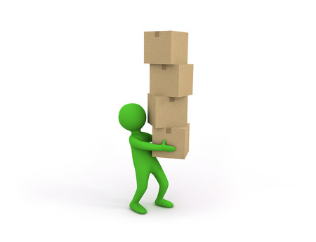 3d small person holding some heavy stack of cardboard boxes on whiteの写真素材