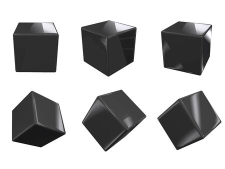 Black glossy cubes in six positions isolated on white, 3d renderの写真素材
