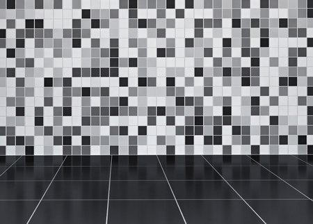Bathroom with black and white tiled wall and black tiled floor. 3D renderの写真素材