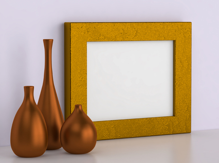 Three ceramic vases and golden frame for picture. 3D renderの写真素材