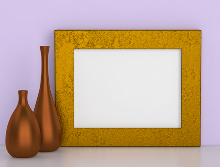Two ceramic vases and golden frame for picture. 3D renderの写真素材