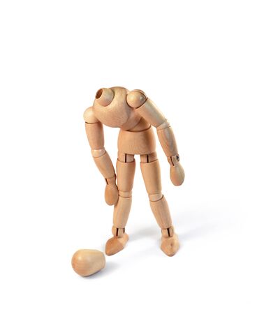 Wooden man lost his head on white, with clipping pathの写真素材