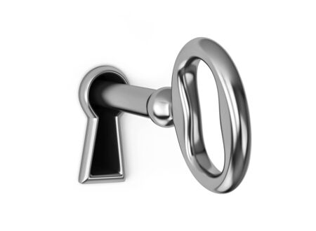 Key in keyhole isolated on white, with clipping path. 3D renderingの写真素材