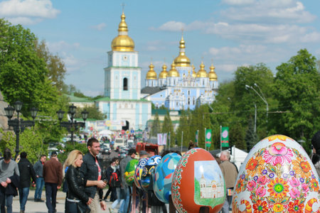 KYIV, UKRAINE - April 23, 2016. VI Ukrainian festival of Easter eggs. 374 Easter eggs in one and a half meters in height painted by masters-painters from all Ukrainian regionsのeditorial素材
