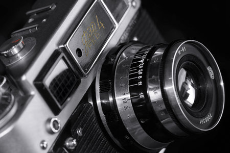 Kiev, Ukraine - May 12, 2016: Film camera FED 4, produced between 1969-1980 in Ukraine. Close up on blackのeditorial素材