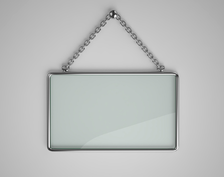 Glass board with glossy metal frame hanging on a chain. 3D renderingの写真素材
