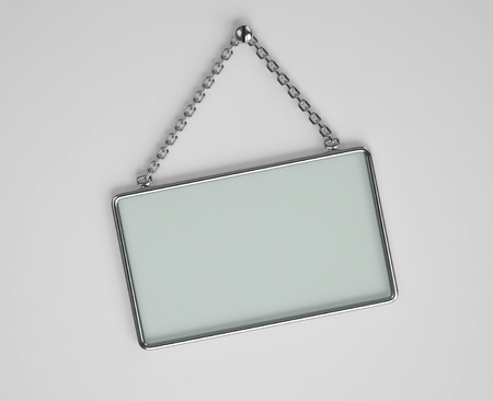 Glass board with glossy metal frame hanging on a chain. 3D renderingの写真素材