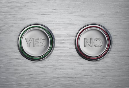 Yes and No buttons on a metal background. 3D renderingの写真素材