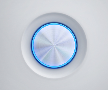 Metal button with blue glow. 3D renderingの写真素材