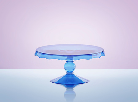Blue glass cake stand with reflection. 3D renderingの写真素材