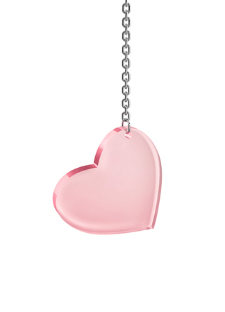 Glass heart hanging on a chain isolated on white. 3D renderingの写真素材