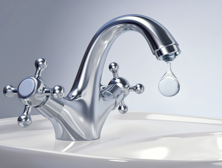 Water tap with big drop of water. 3D renderingの写真素材