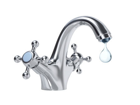 Water tap with big drop of water isolated on white. 3D rendering with clipping pathの写真素材