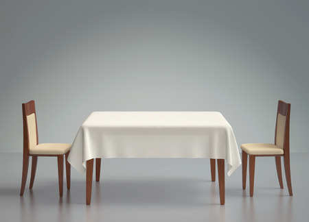 Wooden table with tablecloth and two chairs. 3D renderingの写真素材