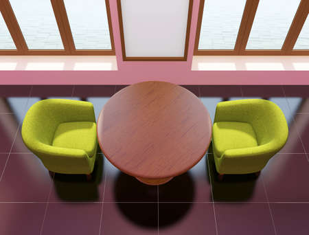 Top view of cafe interior with wooden table, green armchairs and and vertical poster on the wall. 3D renderingの写真素材