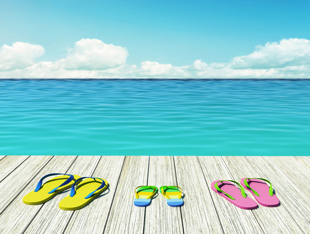 Flip-flops on wooden pier by the seashore on sunny summer day. Family vacation. 3D renderingの写真素材