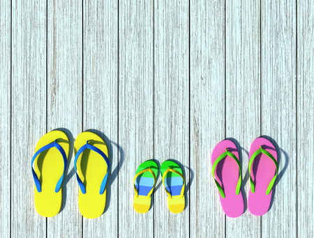 Flip-flops on wooden pier in sunlight. Family vacation. 3D renderingの写真素材