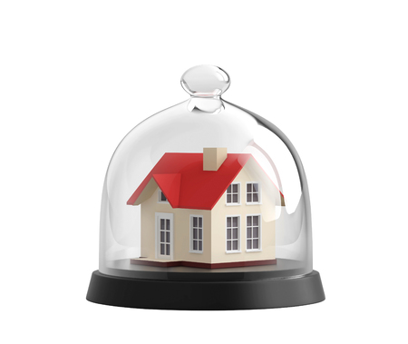 Home safety. House under glass bell jar isolated on white. 3D rendering with clipping pathの写真素材