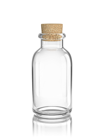 Glass empty bottle with cork isolated on white.の写真素材