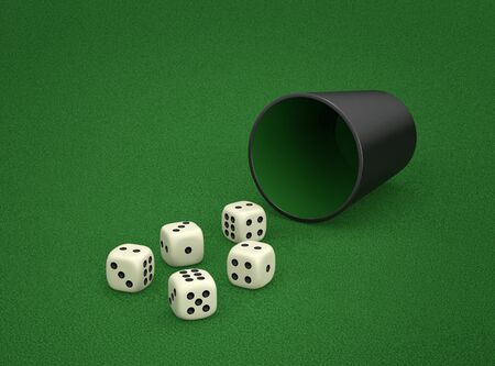 Dice game with dice cup on green table. Combination of dice - Three Of A Kind. 3D renderingの写真素材