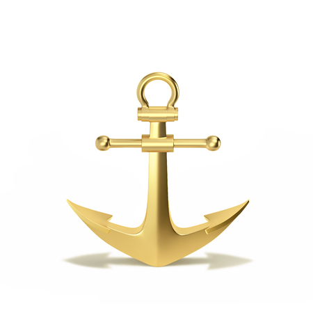 Golden anchor with shadow iin shape of arrows isolated on a white. 3D rendering with clipping pathの写真素材