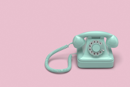 Mint green rotary telephone on pink background with space for text. 3D renderingの写真素材