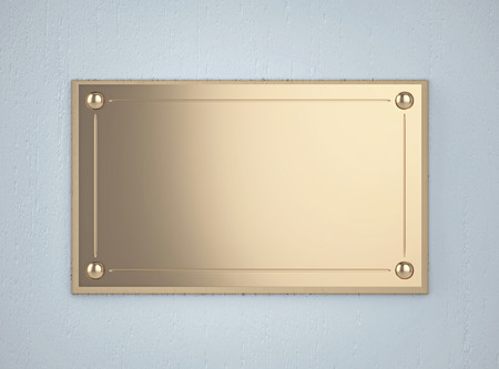 Golden board on the blue wall. 3D renderingの写真素材