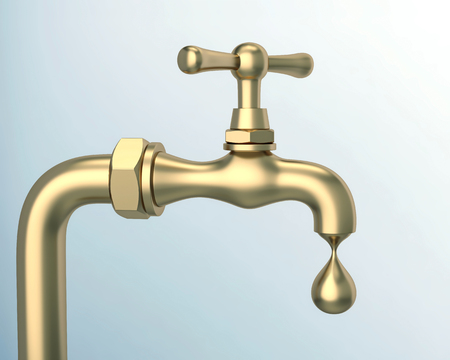Golden tap with drop of gold. 3D rendering with clipping pathの写真素材
