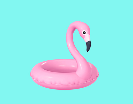 Inflatable flamingo isolated on turquoise background. 3D renderingの写真素材