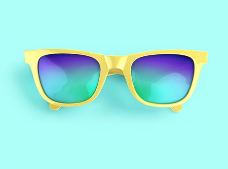 Yellow sunglasses with multicolor lenses on blue background. 3D rendering with clipping pathの写真素材