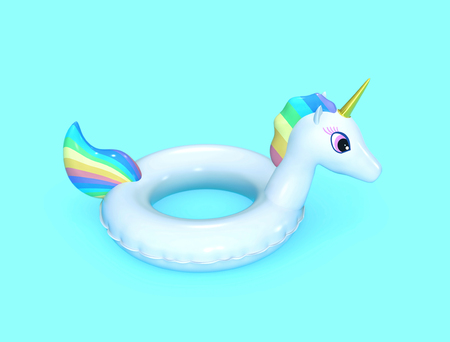 Inflatable unicorn on blue background. 3D rendering with clipping pathの写真素材