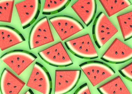 Watermelon slices on green background, top view. 3D renderingの写真素材
