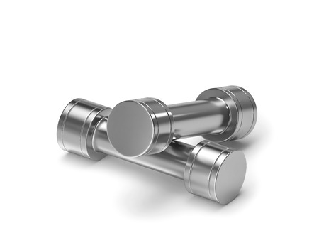 Two metal dumbbells isolated on white. 3D rendering with clipping pathの写真素材