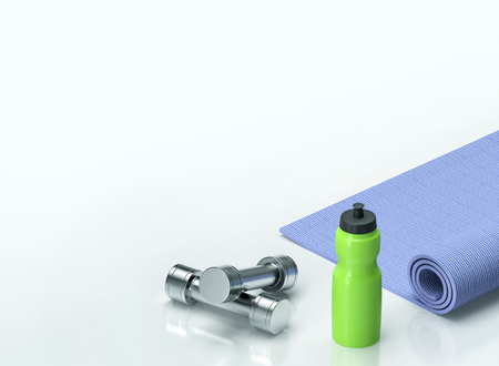 Healthy lifestyle concept. 3d render of dumbbells, fitness mat and a bottle of waterの写真素材